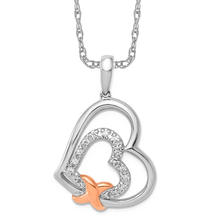 14K Solid Two Tone Gold Diamond Heart Necklace - Picture 10 of 12