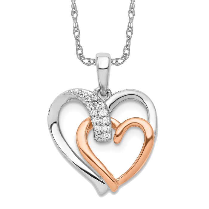 14K Solid Two Tone Gold Diamond Double Heart Necklace - Picture 3 of 5