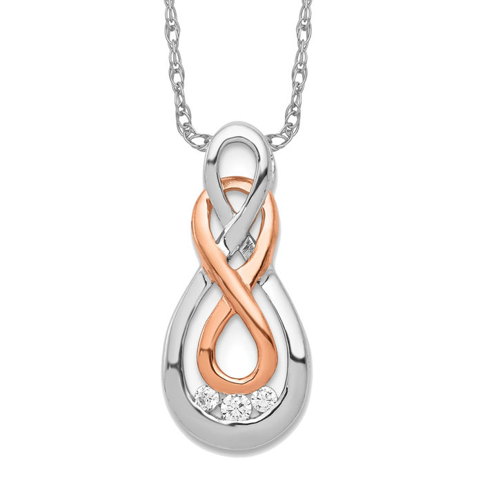 14K Solid Two Tone Rose White Gold Diamond Double Infinity Twisted Love Knot Symbol Floating Chain Slide Pendant Necklace Charm