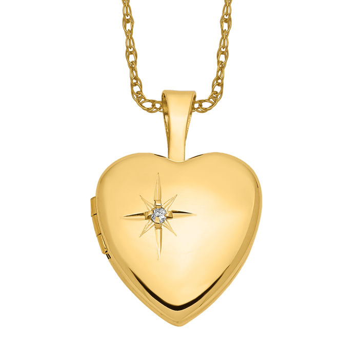 14K Solid Yellow Gold Diamond Heart Locket Necklace - Picture 15 of 25