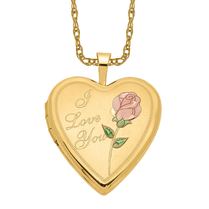 14K Solid Yellow Gold Rose I Love You Heart Personalized Photo Locket Necklace Picture Pendant Charm