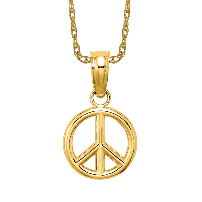 14K Solid Yellow Gold Peace Sign Necklace - Picture 11 of 12