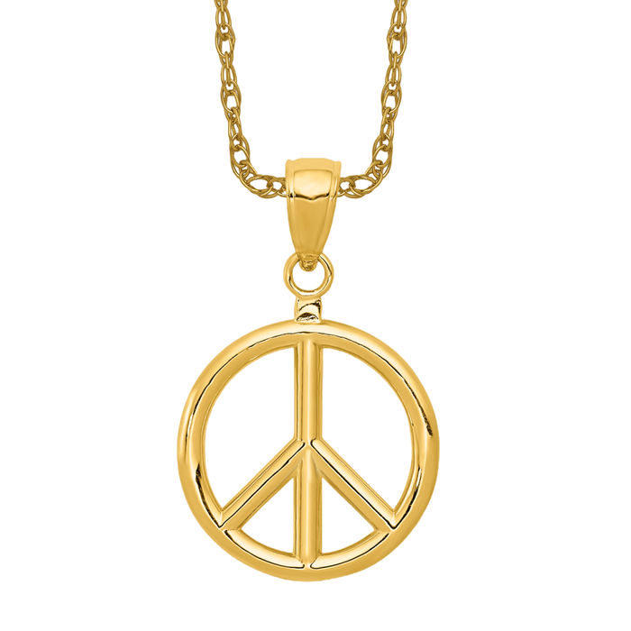 14K Solid Yellow Gold Peace Sign Necklace - Picture 10 of 12