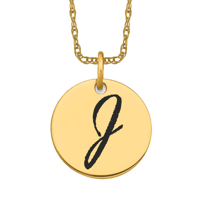 14K Solid Yellow Gold Black Letter J Initial Disk Necklace - Picture 11 of 12