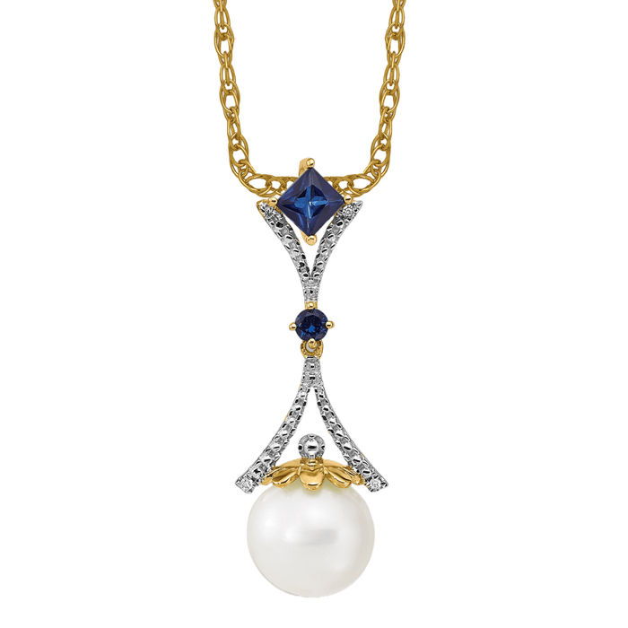 14K Solid Yellow Gold Diamond 8mm Round Freshwater Cultured Pearl/created Blu... - Picture 9 of 12