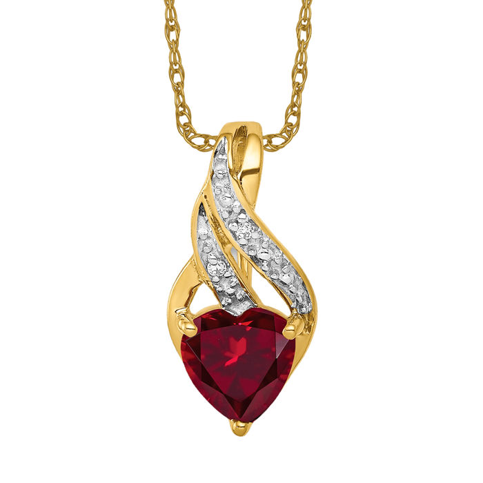 14K Solid Yellow Gold Diamond Lab Ruby Heart Necklace - Picture 9 of 12