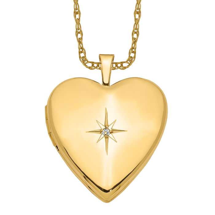 14K Solid Yellow Gold Diamond Heart Locket Necklace Chain Pendant Charm