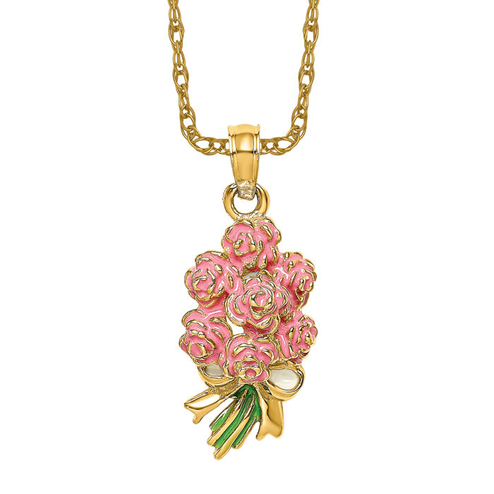 14K Solid Yellow Gold Pink Rose Flowers Necklace | eBay