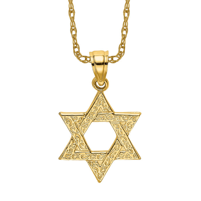 14K Solid Yellow Gold Swirls Star of David Necklace - Picture 10 of 12