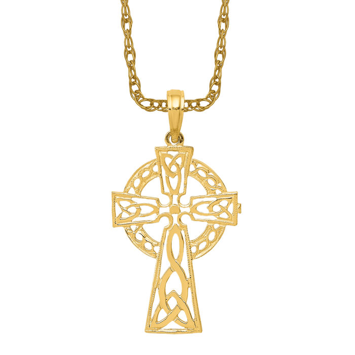 14K Solid Yellow Gold Heart Celtic Iona Cross Necklace - Picture 9 of 12