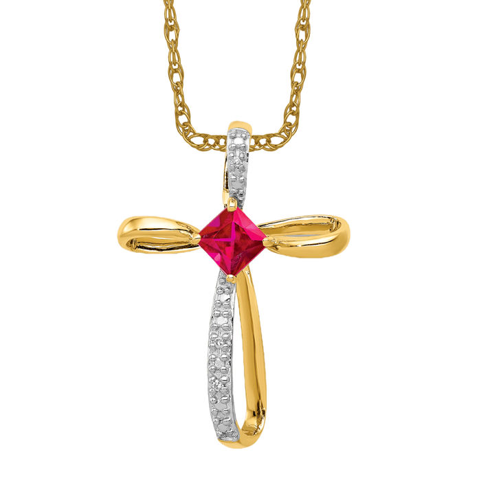 14K Solid Yellow Gold Lab Ruby Diamond Cross Slide Necklace - Picture 11 of 12