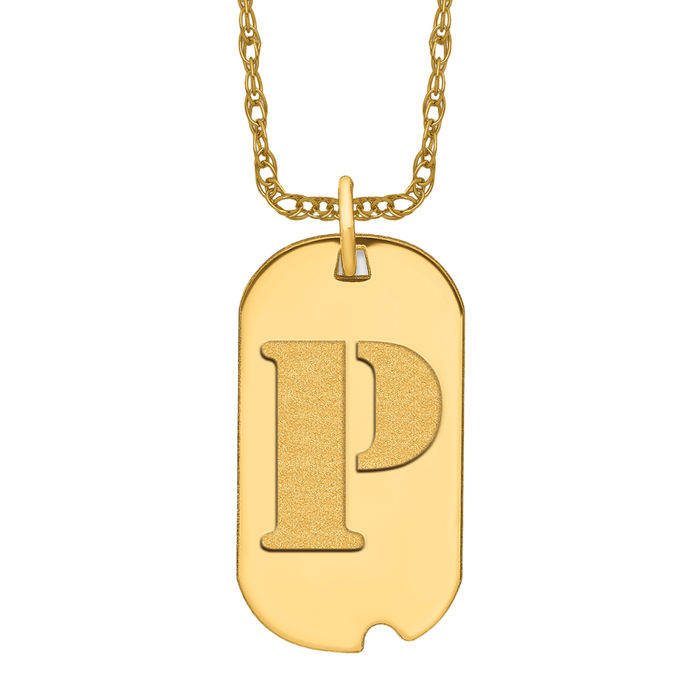 14K Solid Yellow Gold Dainty Letter P Initial Name Monogram Dog Tag Necklace Chain Pendant Charm