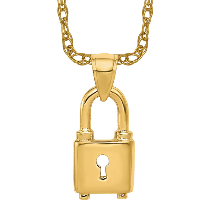 14K Solid Yellow Gold Lock Necklace - Picture 10 of 12