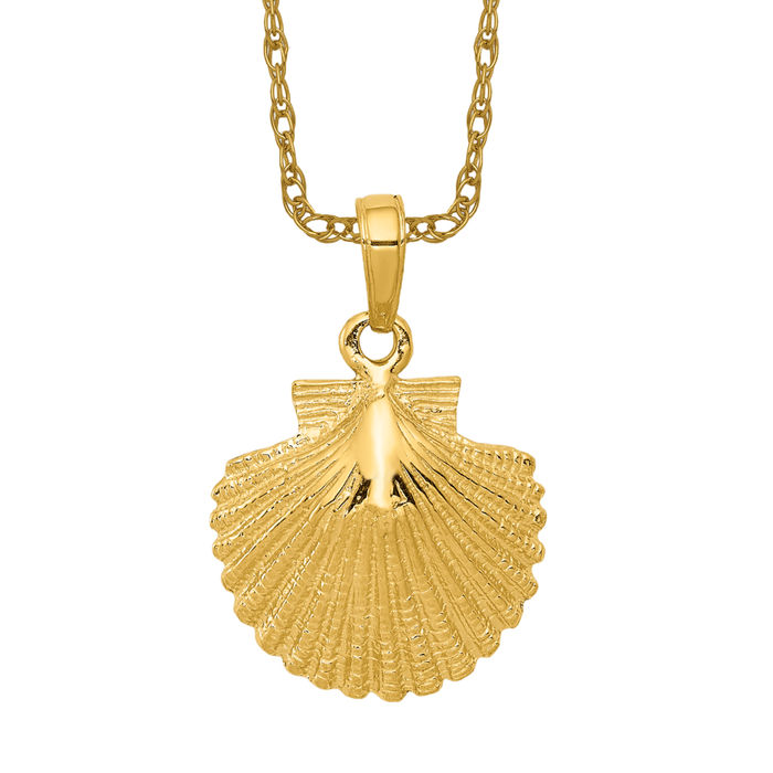 14K Solid Yellow Gold Scallop Shell Necklace - Picture 11 of 12