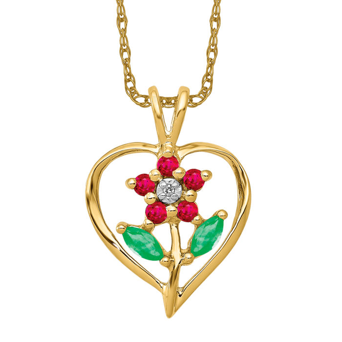 14K Solid Yellow Gold Siam Ruby Emerald Diamond Rose Flower Heart Necklace - Picture 11 of 12