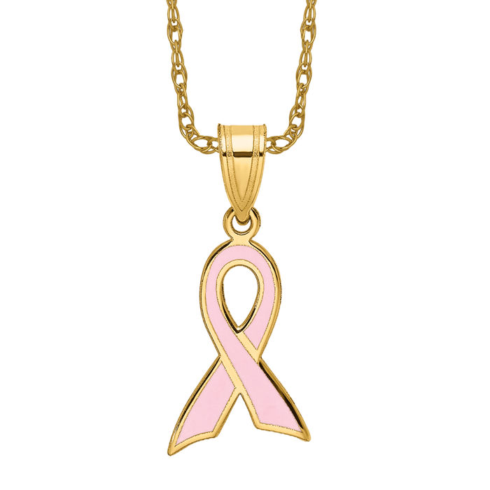 14K Solid Yellow Gold Pink Breast Cancer Awareness Ribbon Necklace - Picture 9 of 12