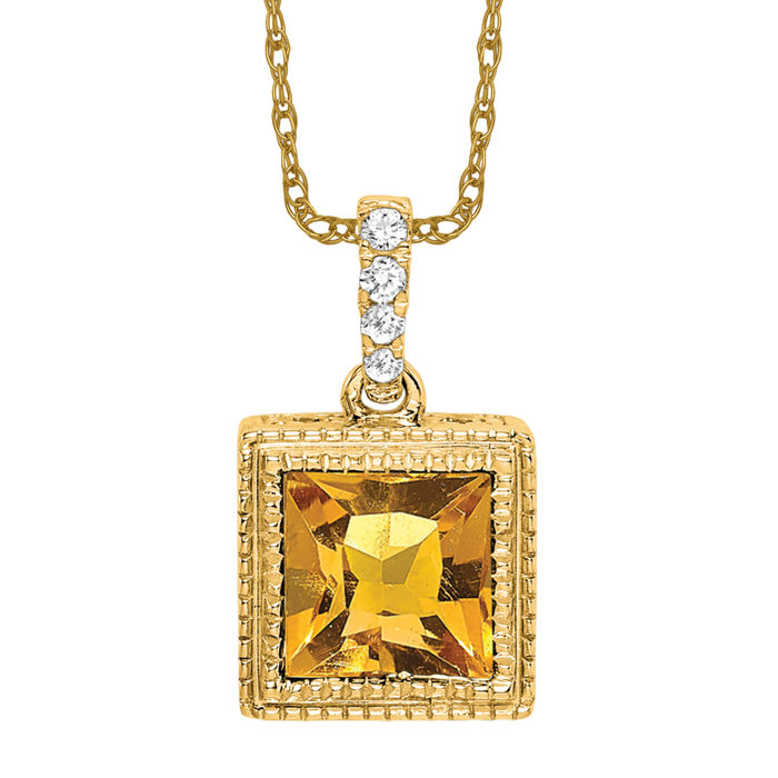 14K Solid Yellow Gold Square Citrine Diamond Necklace - Picture 10 of 12