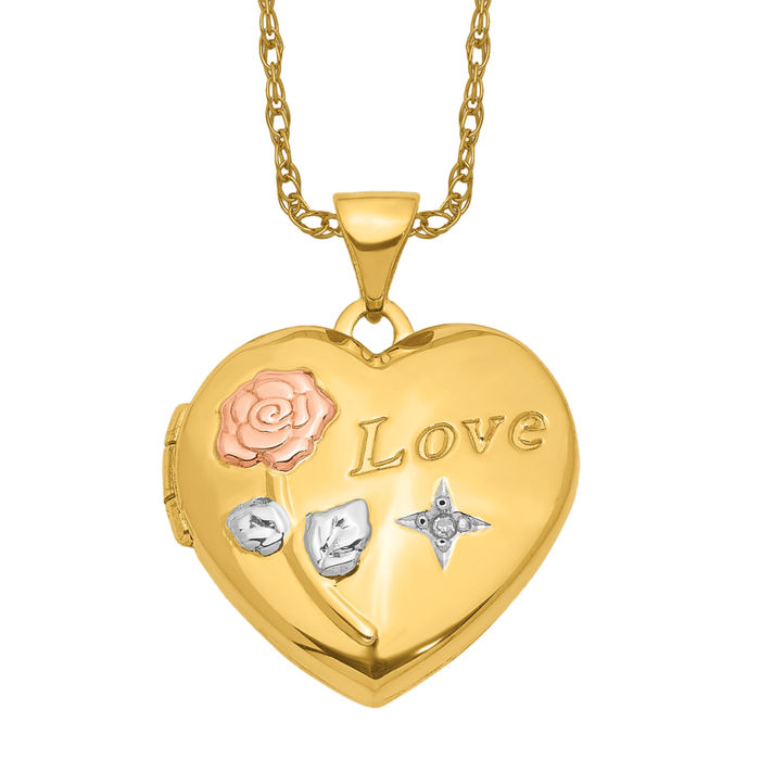 14K Solid Two Tone Gold Rose Love Diamond Heart Photo Locket Necklace - Picture 11 of 12