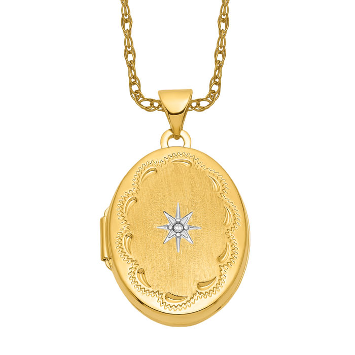 14K Solid Two Tone Gold Diamond Star Oval Photo Locket Necklace - Picture 14 of 24