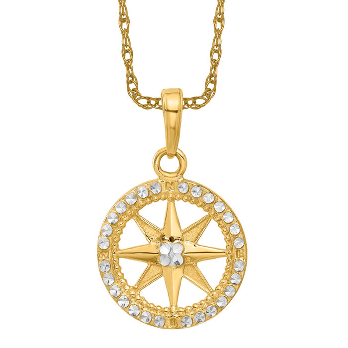 14K Solid Two Tone Gold North Star Compass Necklace - Picture 11 of 12