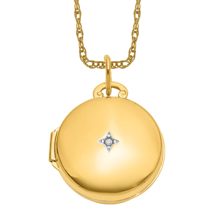 14K Solid Two Tone Gold Diamond Round Photo Locket Necklace - Picture 14 of 24