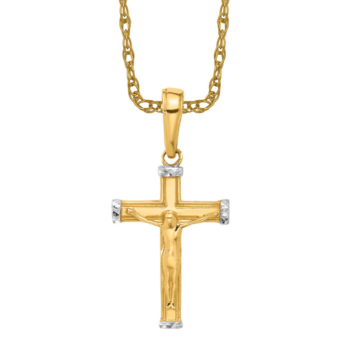 14K Solid Two Tone Gold Jesus Crucifix Cross Necklace - Picture 10 of 12