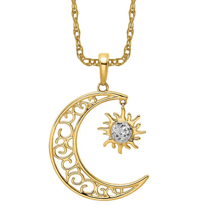 14K Solid Two Tone Gold Moon Dangling Sun Necklace - Picture 10 of 12