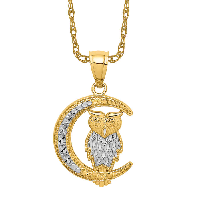 14K Solid Two Tone Gold Owl of Wisdom Bird Moon Necklace - Picture 11 of 12