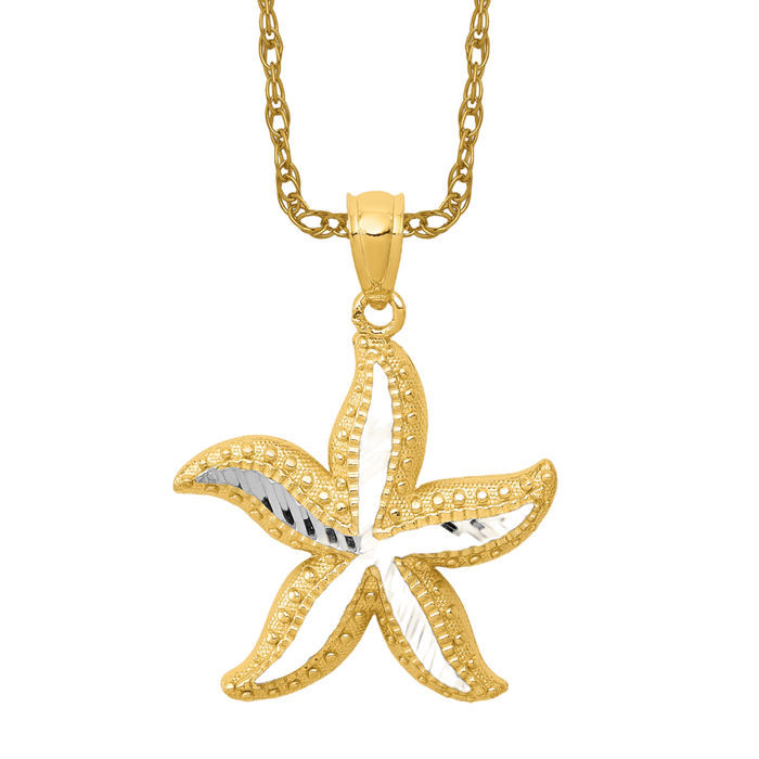 14K Solid Two Tone Gold Starfish Necklace - Picture 11 of 12