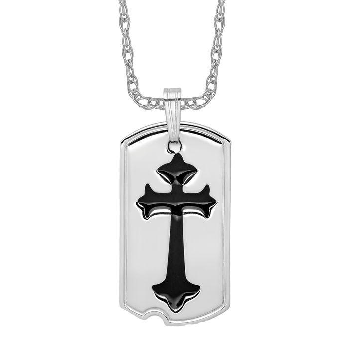 925 Sterling Silver Black Cross Dog Tag Necklace - Picture 9 of 12
