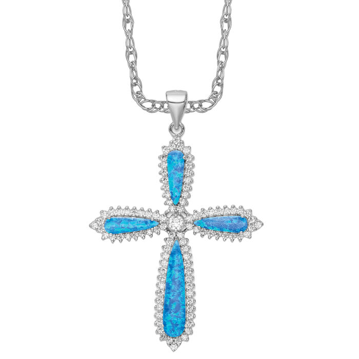 Sterling Silver White Created Opal Beaded Border Cross Pendant Sterling Silver White Created Opal Beaded Border Cross Pendant