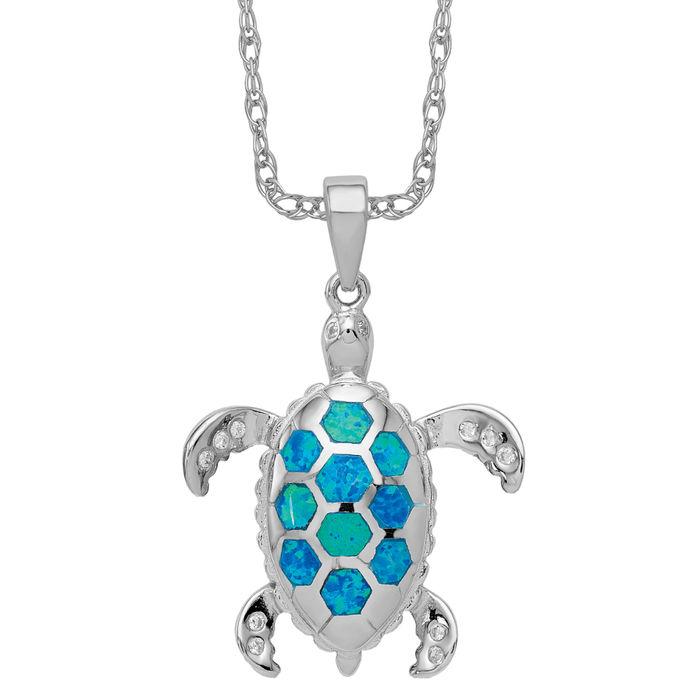 Sterling Silver Created Blue Opal Inlay & CZ Sea Turtle Tortoise Pendant