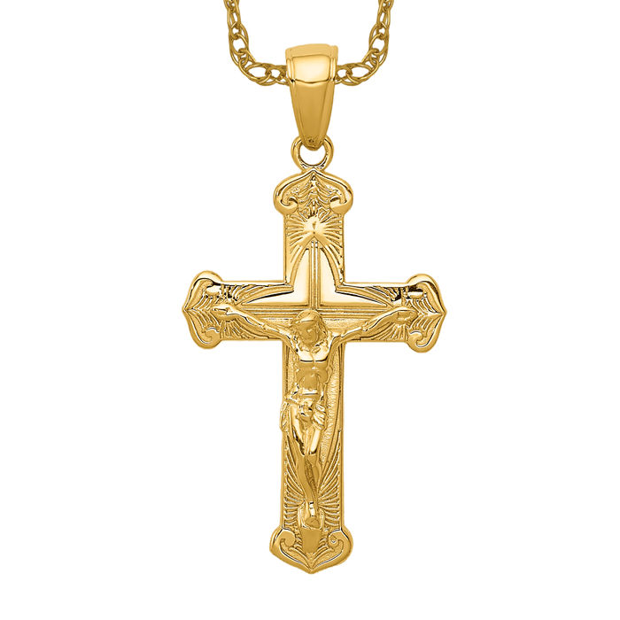 10K Solid Yellow Gold Jesus Crucifix Cross Necklace