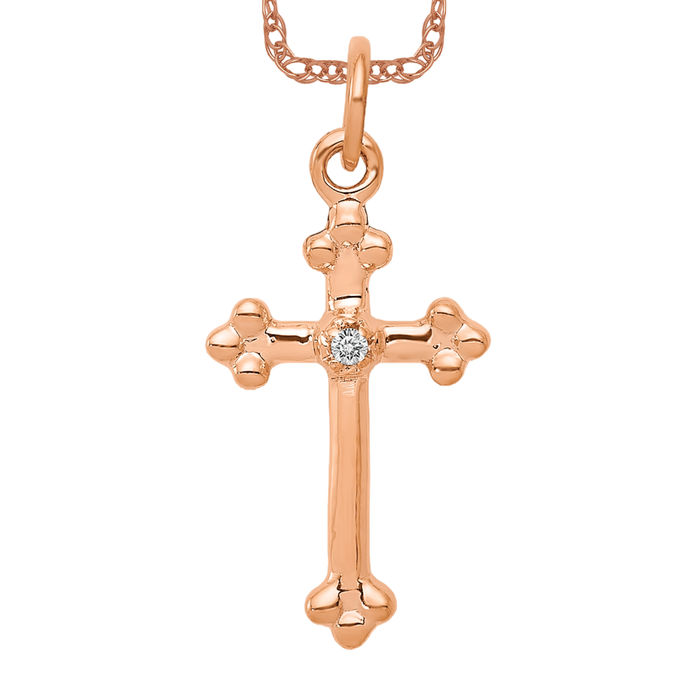 10K Solid Rose Gold Diamond Budded Cross Necklace - Picture 9 of 12