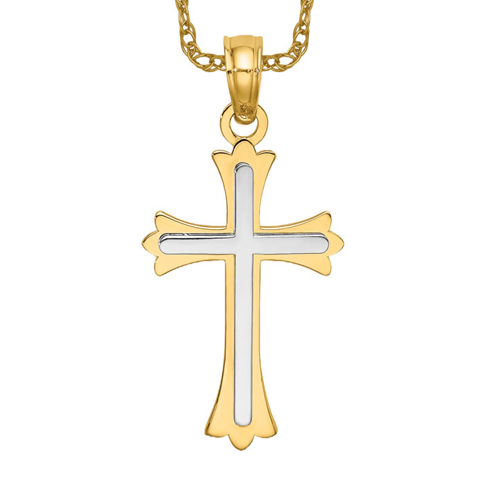 10K Solid Two Tone Gold Cross Necklace - Picture 10 of 12