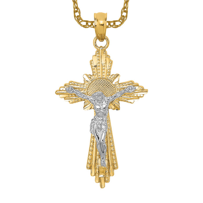 10K Solid Two Tone Gold Jesus Crucifix Cross Necklace - Picture 9 of 12