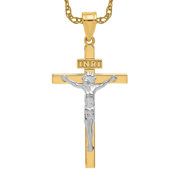 10K Solid Two Tone Gold Inri Jesus Crucifix Cross Necklace - Picture 8 of 12