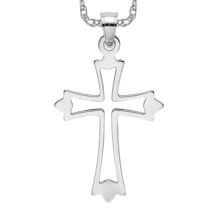 10K Solid White Gold Holy Cross Necklace Religious Chain Pendant Jesus Christ Charm