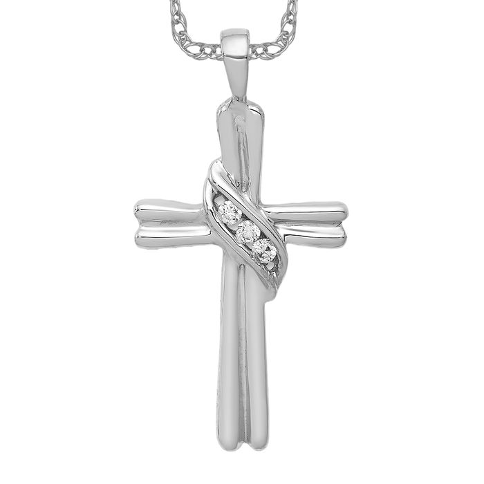 10K Solid White Gold Diamond Cross Necklace - Picture 2 of 5