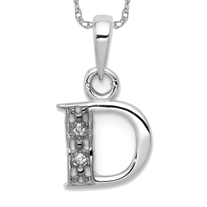 10K Solid White Gold Diamond Letter D Initial Necklace - Picture 9 of 12