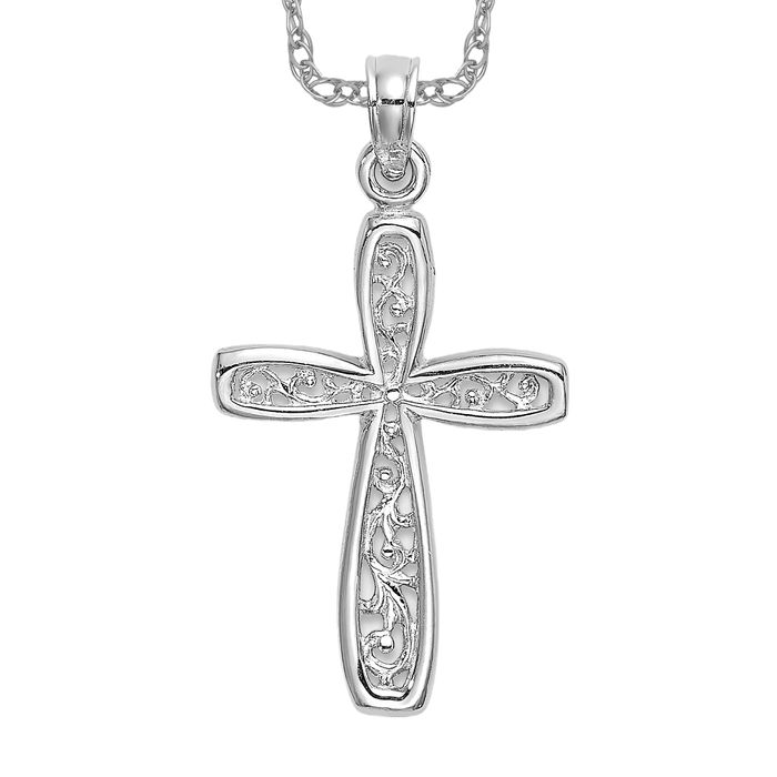 10K Solid White Gold Filigree Cross Necklace - Picture 10 of 12