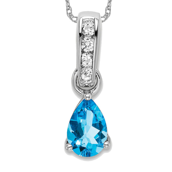 10K Solid White Gold Pear Swiss Blue Topaz Diamond Necklace - Picture 9 of 12