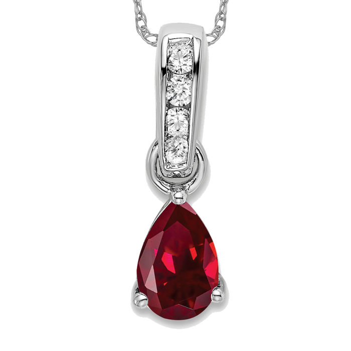 10K Solid White Gold Pear Lab Ruby Diamond Necklace - Picture 8 of 12