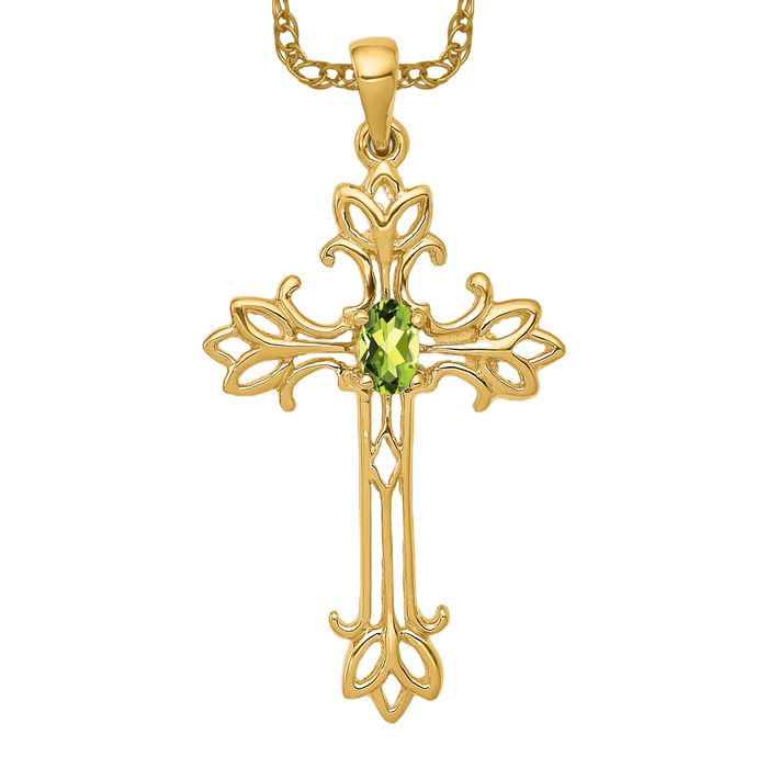 10K Solid Yellow Gold Oval Peridot Cross Necklace - Picture 11 of 12