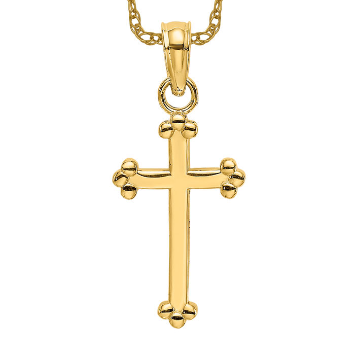 10K Solid Yellow Gold Beaded Cross Necklace