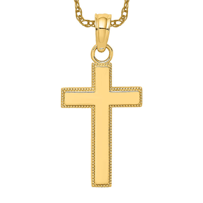 10K Solid Yellow Gold Block Beaded Edge Latin Cross Necklace