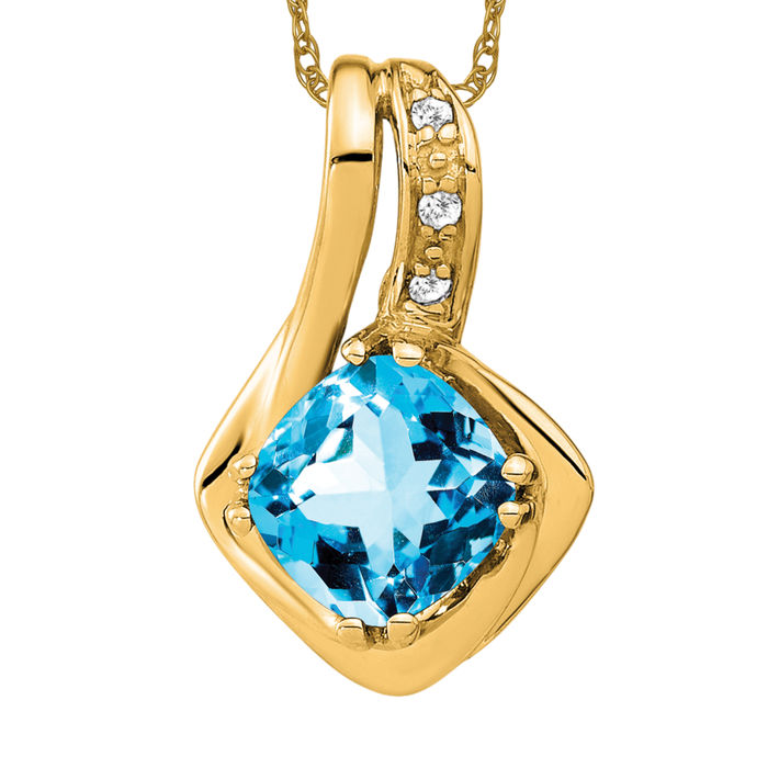 10k Solid Yellow Gold Blue Topaz & cheapest Diamond Necklace