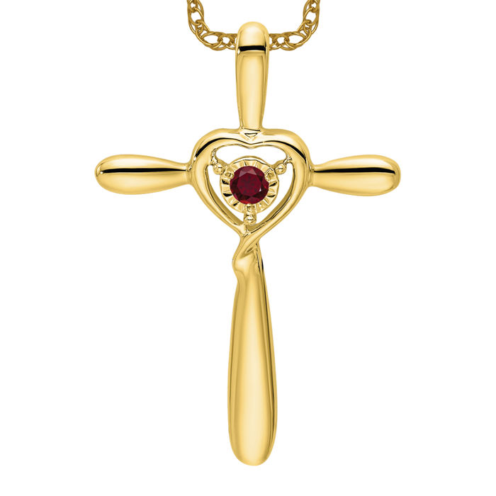 10K Solid Yellow Gold Lab Ruby Cross Heart Floating Chain Slide Necklace - Picture 9 of 12