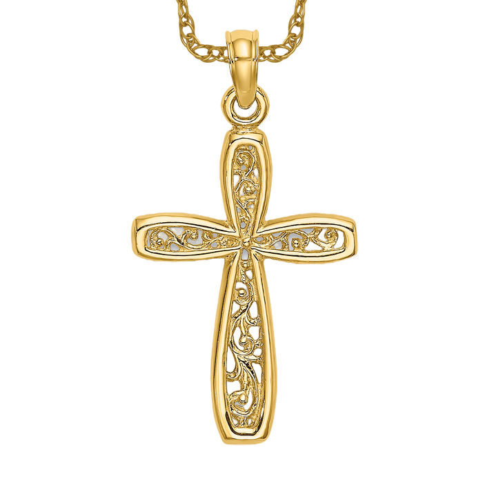10K Solid Yellow Gold Cross Filigree Necklace - Picture 10 of 12
