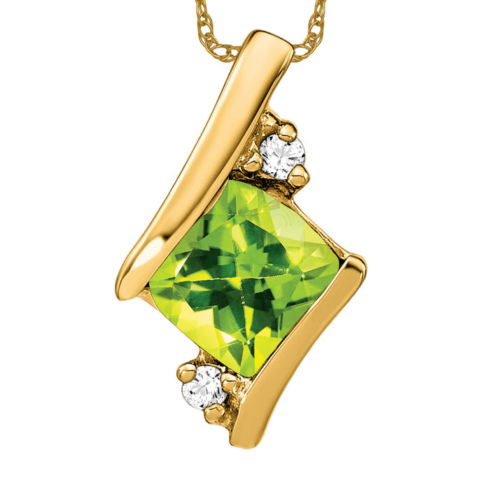 10K Solid Yellow Gold Cushion-cut Peridot Diamond Floating Chain Slide Necklace - Picture 2 of 4